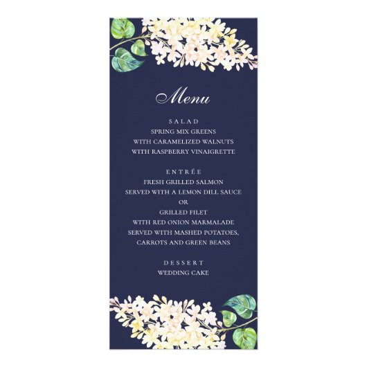 ネイビーの花柄の結婚式ディナー。白い花のメニュー ラックカード (正面)