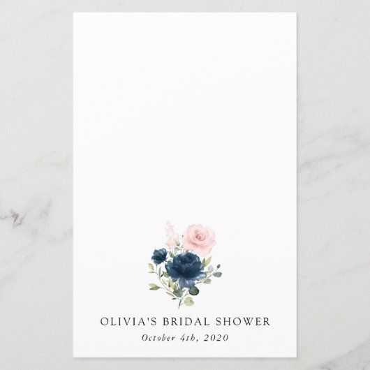 ネイビーの花、ピンクの花、結婚前のお祝いのメニュー (裏面)