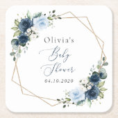 ネイビーの花、青い花、グリーン、ベビーシャワー スクエアペーパーコースター (正面)