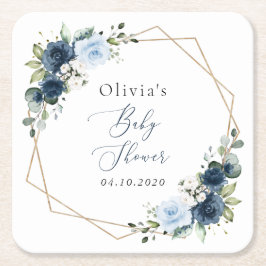 ネイビーの花、青い花、グリーン、ベビーシャワー スクエアペーパーコースター