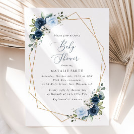 ネイビーの花、青い花、グリーン、ベビーシャワー 招待状
