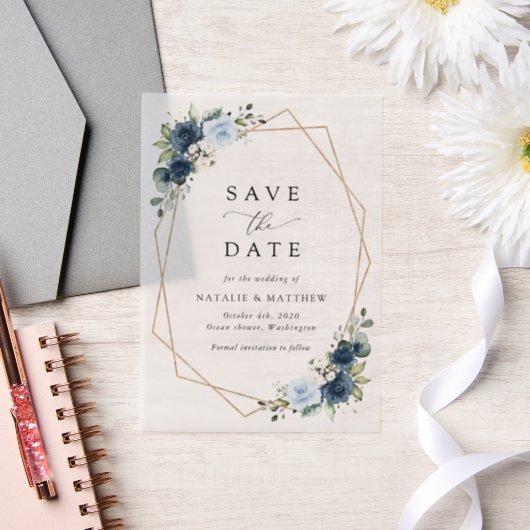 ネイビーの花、青い花、ボヘミア、フラワーのウェディング ベラム紙招待状 (ウェディング)