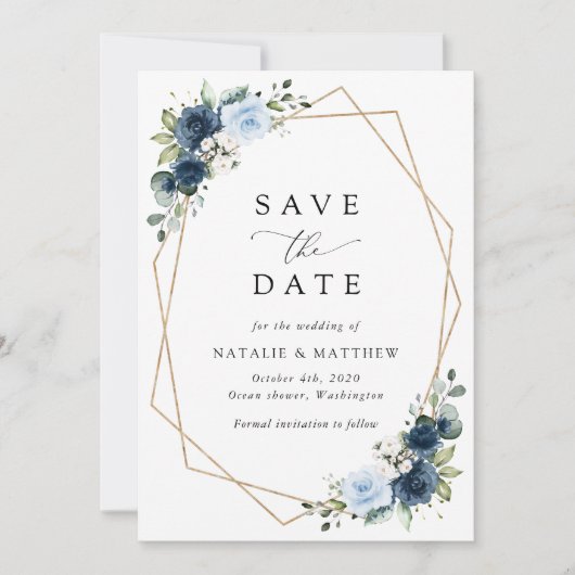 ネイビーの花、青い花、ボヘミア、フラワーの結婚式 セーブザデート (正面)