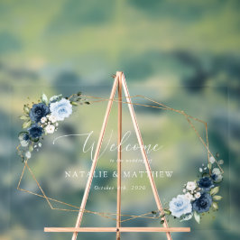 ネイビーの花、青い花、ボホ、ウェディングウェルカム アクリルサイン