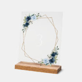 ネイビーの花、青い花、結婚のテーブル番号 アクリルサイン (傾斜)