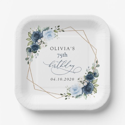 ネイビーの花,青い花,緑,誕生日 ペーパープレート (正面)