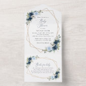 ネイビーの花，青い花，緑，赤ちゃんシャワー オールインワン招待状 (内側)