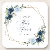 ネイビーの花，青い花，緑，赤ちゃんシャワー コースター (正面)