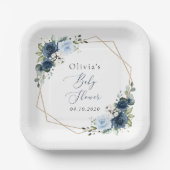 ネイビーの花，青い花，緑，赤ちゃんシャワー ペーパープレート (正面)