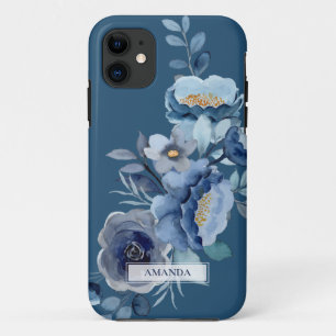 ネイビーの花 青パーソナライズされた名 iPhone 11 ケース