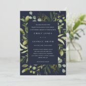 ネイビーの葉のフレーム緑の葉の水の色結婚の 招待状 (スタンド正面)