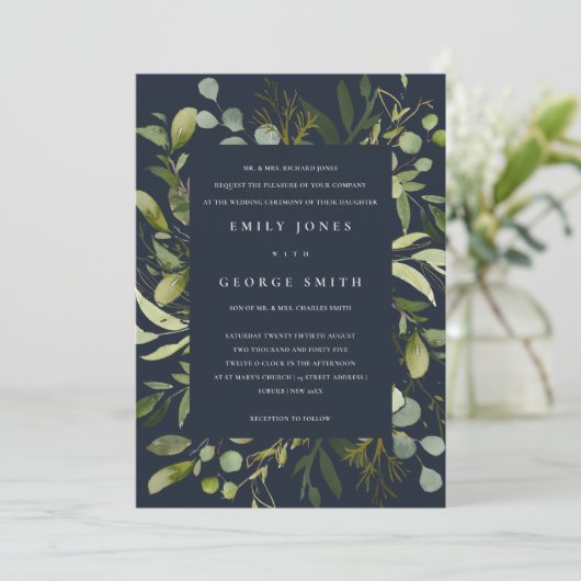 ネイビーの葉のフレーム緑の葉の水の色結婚の 招待状 (スタンド正面)