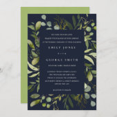 ネイビーの葉のフレーム緑の葉の水の色結婚の 招待状 (正面/裏面)