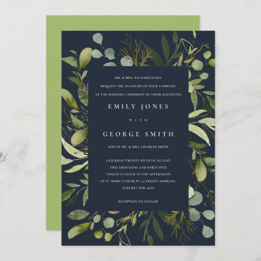 ネイビーの葉のフレーム緑の葉の水の色結婚の 招待状 (正面/裏面)