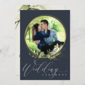 ネイビーの葉の水の色のフォトオーバーレイ結婚ズ 招待状 (正面/裏面)