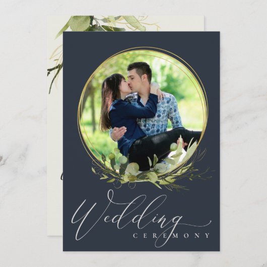 ネイビーの葉の水の色のフォトオーバーレイ結婚ズ 招待状 (正面/裏面)