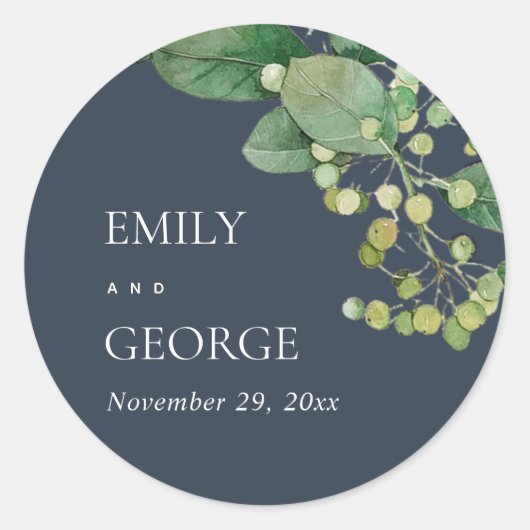 ネイビーの葉の緑の水の色結婚の ラウンドシール (正面)