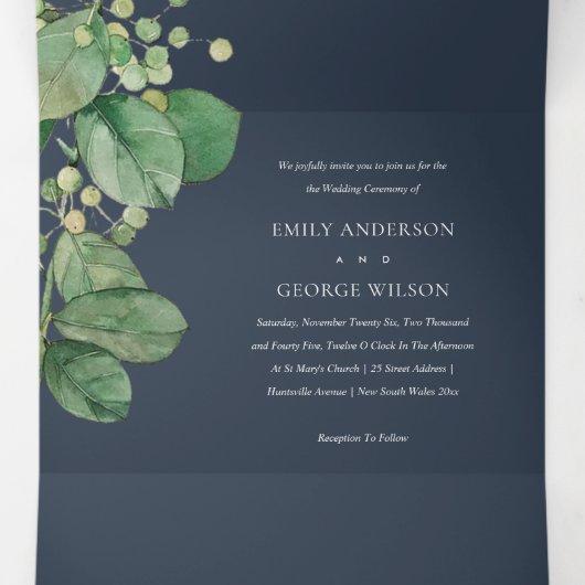 ネイビーの葉の緑の水の色結婚の 三つ折り招待状 (内部中)