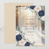 ネイビーの輝く冬の森の結婚式 招待状 (正面/裏面)