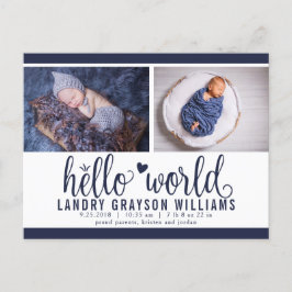 ネイビーのHello World 写真付き出生発表 案内ポストカード