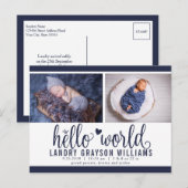 ネイビーのHello World 写真付き出生発表 案内ポストカード (正面/裏面)
