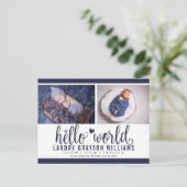 ネイビーのHello World 写真付き出生発表 案内ポストカード (スタンド正面)
