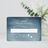 ネイビーのRSVP。水彩画調のブルーが印象的なモダンウェディング。冬 出欠カード (スタンド正面)