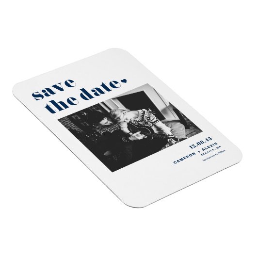 ネイビーはっきりしたブルータイポグラフィ写真の保存日 マグネット (右側)