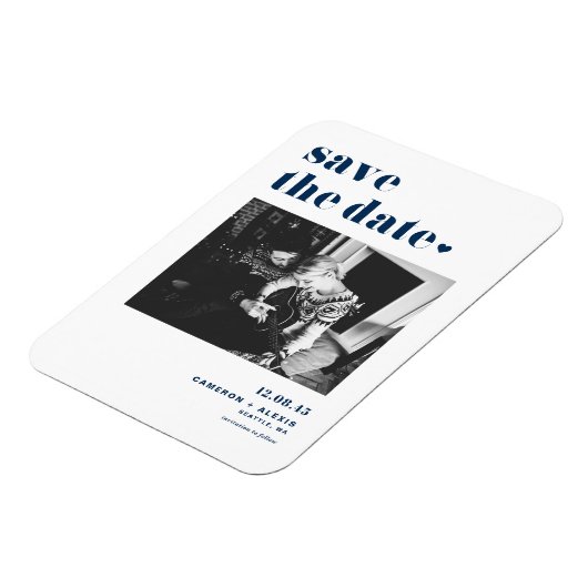 ネイビーはっきりしたブルータイポグラフィ写真の保存日 マグネット (左側)