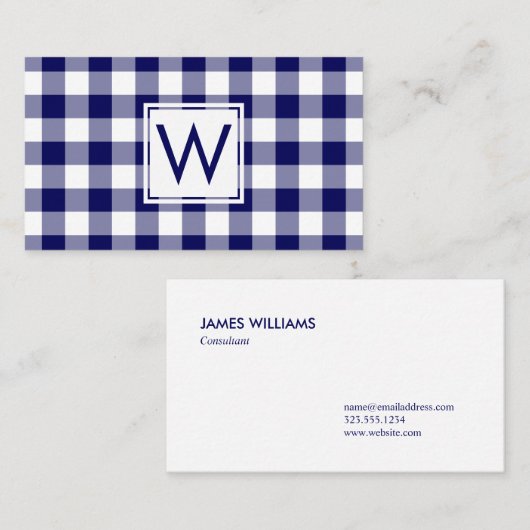 ネイビーはっきりしたブルーバッファロープレイドパターンモノグラム 名刺 (正面/裏面)