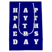 ネイビーはっきりしたブルーホワイトタイポグラフィハッピーファーズデー ミディアムペーパーバッグ (裏面)