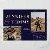 ネイビーはっきりしたブルー名バラ金ゴールド3結婚枚 箔招待状 (正面)