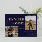 ネイビーはっきりしたブルー名バラ金ゴールド3結婚枚 箔招待状 (立ち正面)