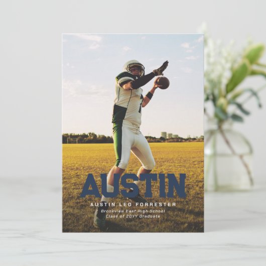 ネイビーはっきりしたブルー大学院の写真卒業 招待状 (スタンド正面)