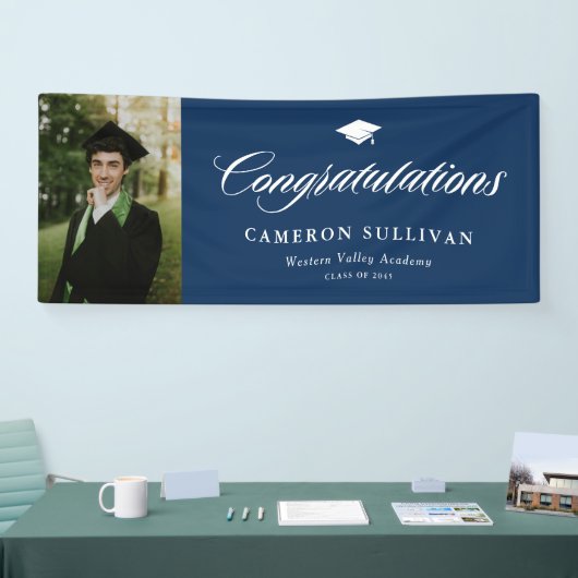 ネイビーはっきりしたブルー書道写真卒業 横断幕 (トレードショー)