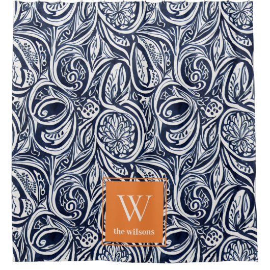 ネイビーはっきりしたラスト抽象芸術級植物学モノグラム シャワーカーテン (正面)