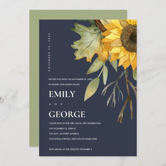 ネイビーひまわりフローラ私たちは結び目カードを結んだ サンキューカード (正面/裏面)