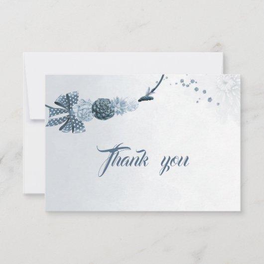 ネイビーほこりっぽい青い花と弓サンキューカード サンキューカード (正面)