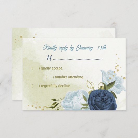 ネイビーほこりっぽい青い花葉緑 出欠カード (正面/裏面)