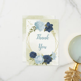 ネイビーほこりっぽい青い葉花は結婚緑 サンキューカード