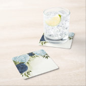 ネイビーほこりっぽい青結婚い花 スクエアペーパーコースター (インサイチュ)