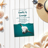 ネイビーよくはしゃぐシーライオンビーチ海コースト結婚ーズ アクリル招待状