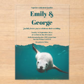 ネイビーよくはしゃぐシーライオンビーチ海コースト結婚ーズ アクリル招待状 (正面)