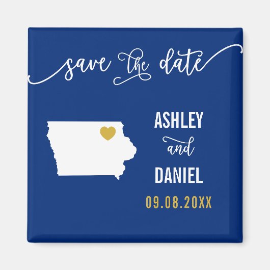 ネイビーアイオワウェディング日付マップを保存 マグネット (正面)