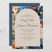 ネイビーアイボリーオレンジフローラアー結婚チーズ 招待状 (正面/裏面)