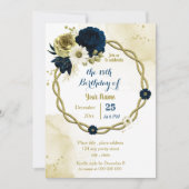 ネイビーアイボリーフローラ金ゴールドリース誕生日パーティー 招待状 (正面)