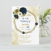 ネイビーアイボリーフローラ金ゴールドリース誕生日パーティー 招待状 (スタンド正面)