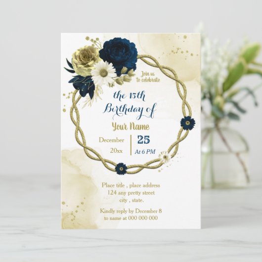 ネイビーアイボリーフローラ金ゴールドリース誕生日パーティー 招待状 (スタンド正面)