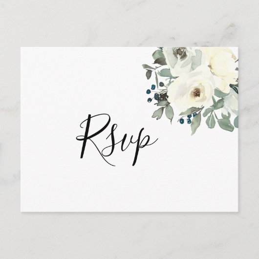 ネイビーアイボリーフローラRSVPポストカードと食事の選択 インビテーションポストカード (正面)