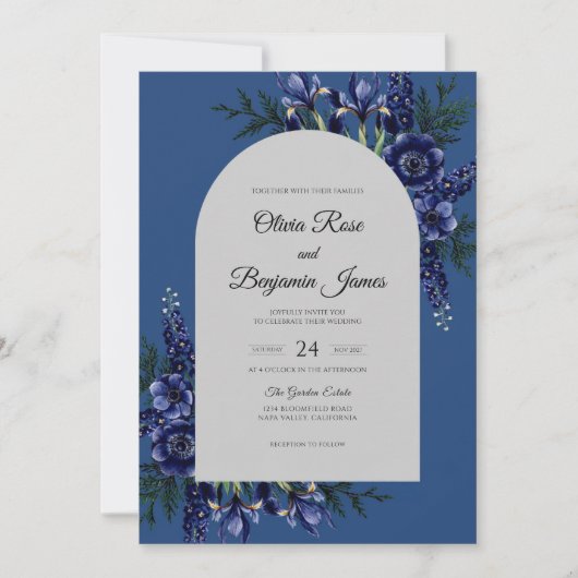 ネイビーアイリスユーカリの葉の結婚式 招待状 (正面)